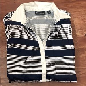 Navy and white button up shirt.